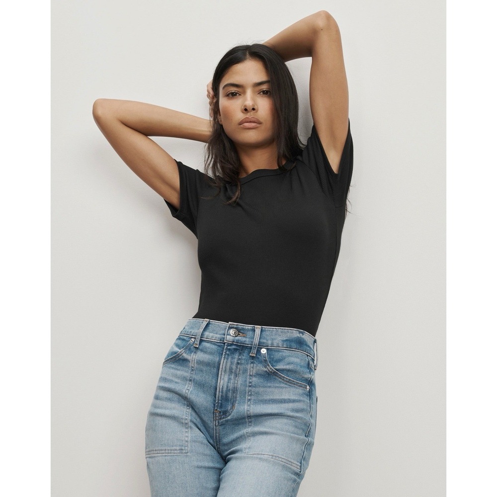 Veronica Beard Pruitt Ribbed Crewneck T-shirt Small Black Knit Cotton